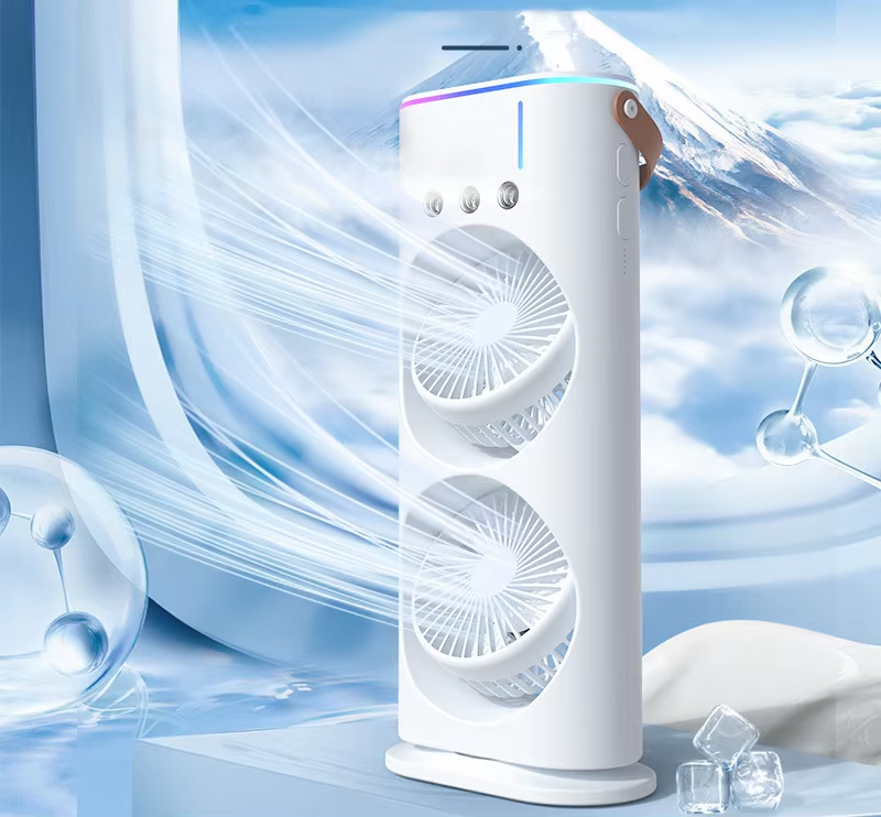 Rechargeable Automatic Rotating Dual Double Spray Mist Fan with Lightening Effects (with Box Packing)